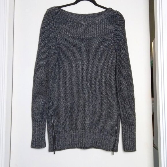 Black & Silver Metallic Knit Long Boat Neck Pullover Sweater Zip Detail Sz S/P - Picture 9 of 9